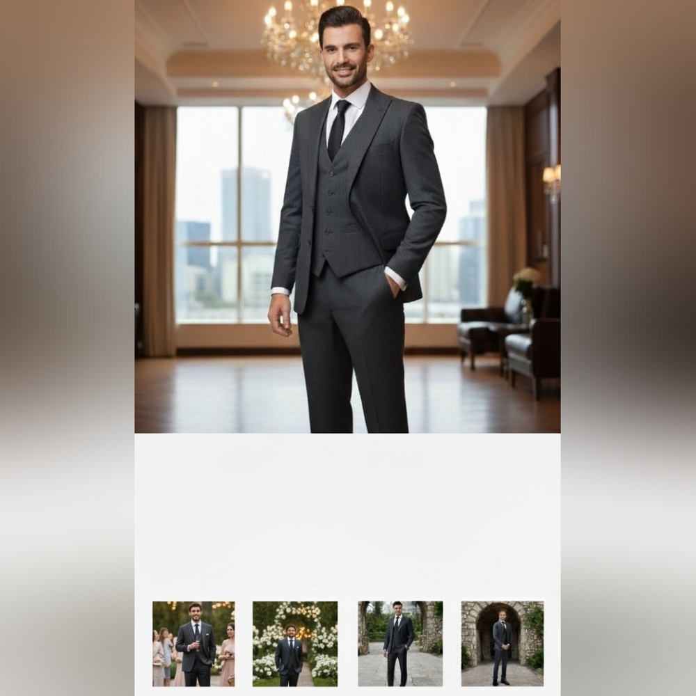 3 piece black suit with grey pin stripes
